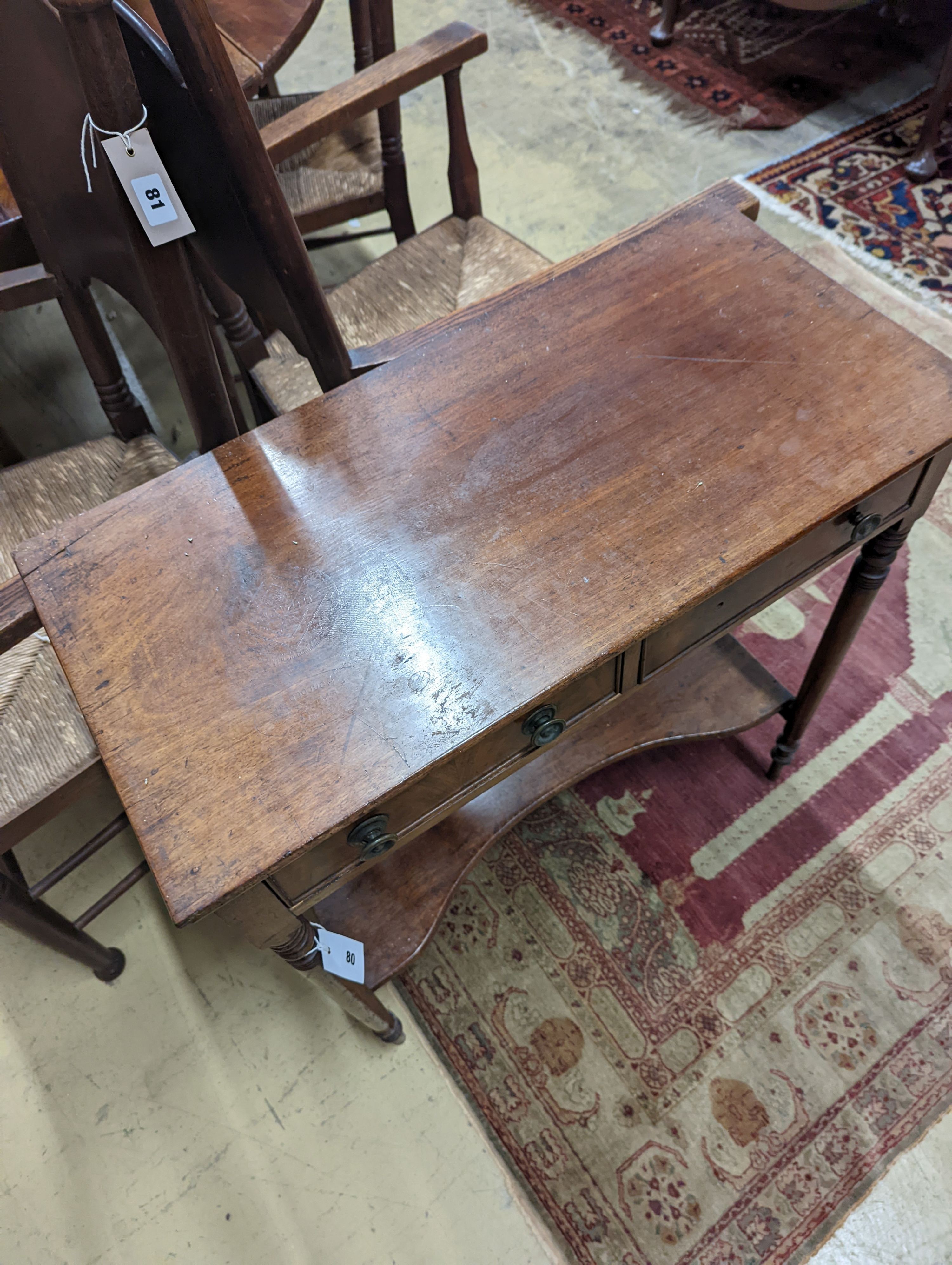 A Regency mahogany two tier side table, width 74cm, depth 36cm, height 77cm